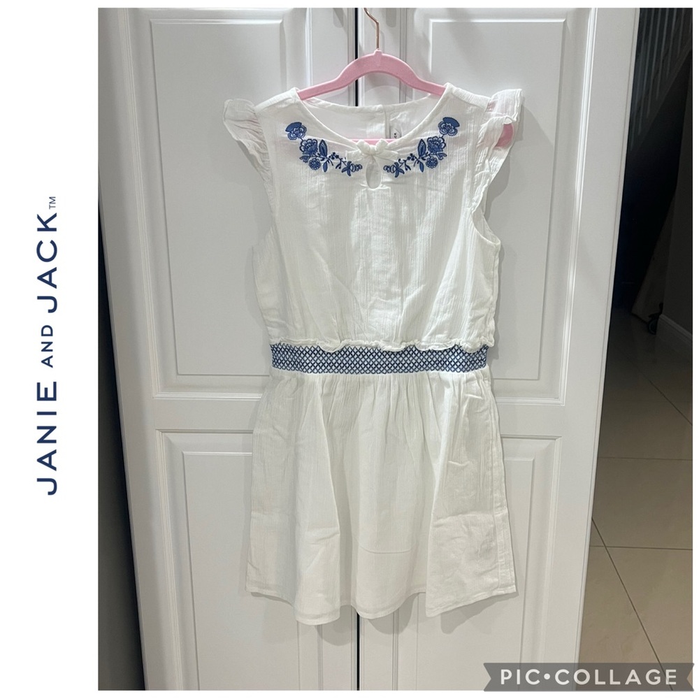 Janie and Jack White Cotton Dress w/ Blue embroidered details size 12